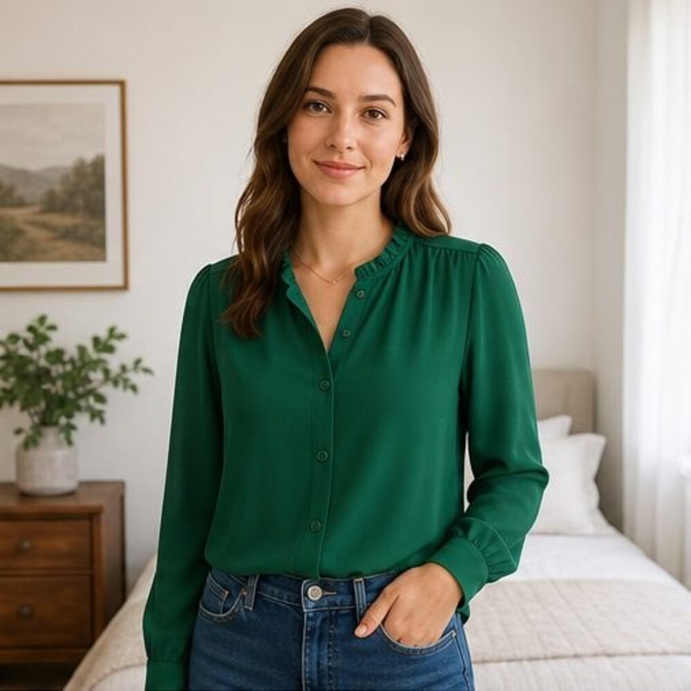 Emerald Ruffle Collar Blouse - Picture 2 of 6